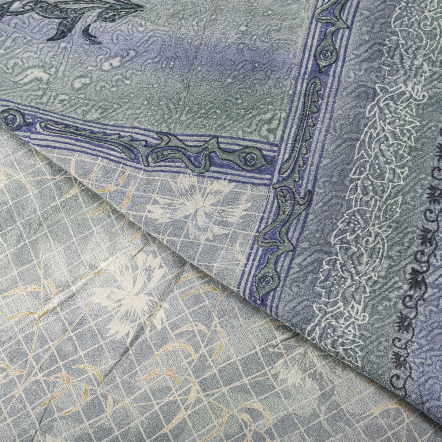 Sanskriti Vintage Gray Pure Crepe Silk Saree Floral Geometric Print Sari 5Yard