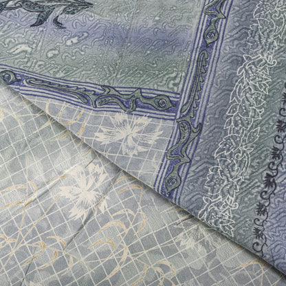 Sanskriti Vintage Gray Pure Crepe Silk Saree Floral Geometric Print Sari 5Yard