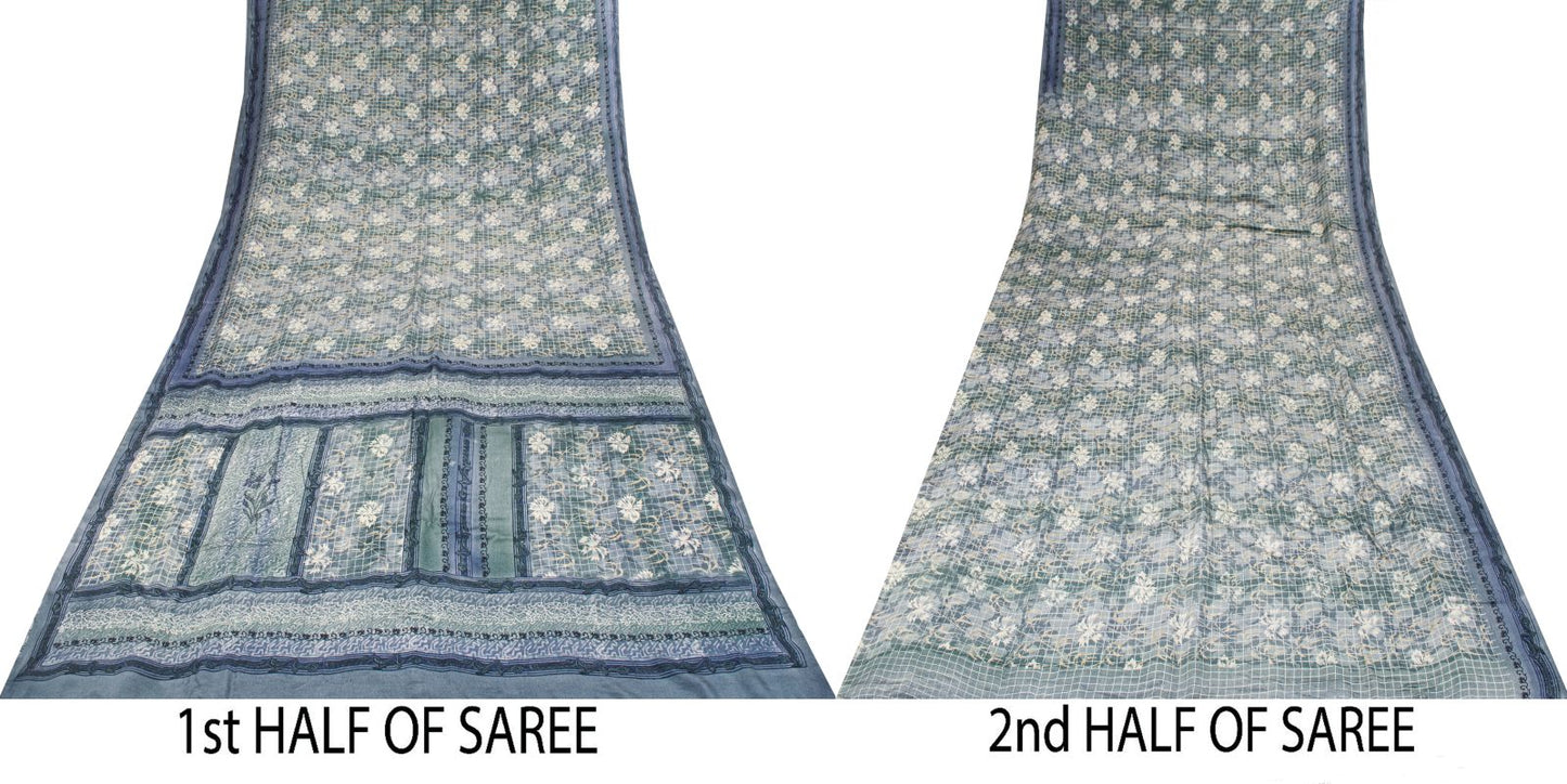 Sanskriti Vintage Gray Pure Crepe Silk Saree Floral Geometric Print Sari 5Yard