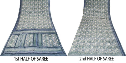 Sanskriti Vintage Gray Pure Crepe Silk Saree Floral Geometric Print Sari 5Yard