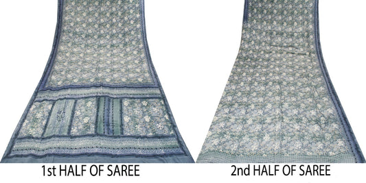 Sanskriti Vintage Gray Pure Crepe Silk Saree Floral Geometric Print Sari 5Yard