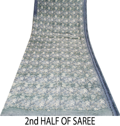 Sanskriti Vintage Gray Pure Crepe Silk Saree Floral Geometric Print Sari 5Yard
