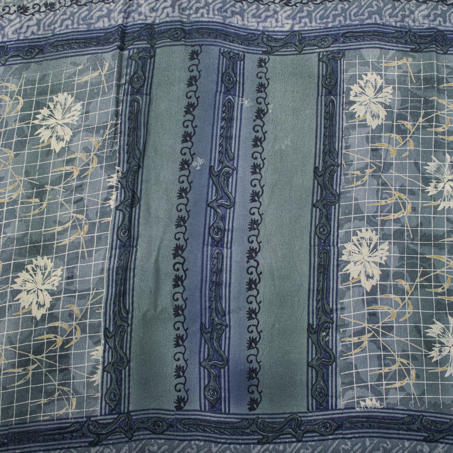 Sanskriti Vintage Gray Pure Crepe Silk Saree Floral Geometric Print Sari 5Yard