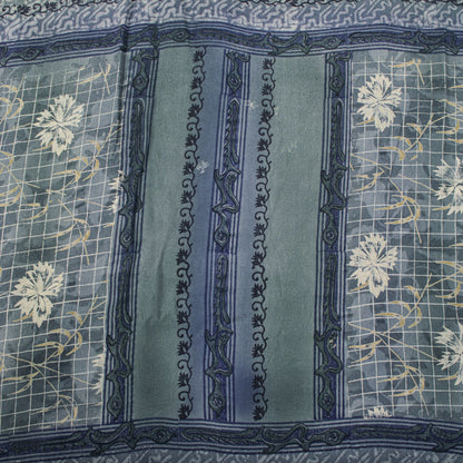 Sanskriti Vintage Gray Pure Crepe Silk Saree Floral Geometric Print Sari 5Yard