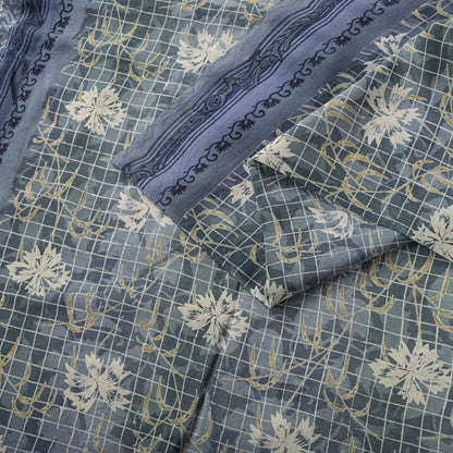 Sanskriti Vintage Gray Pure Crepe Silk Saree Floral Geometric Print Sari 5Yard