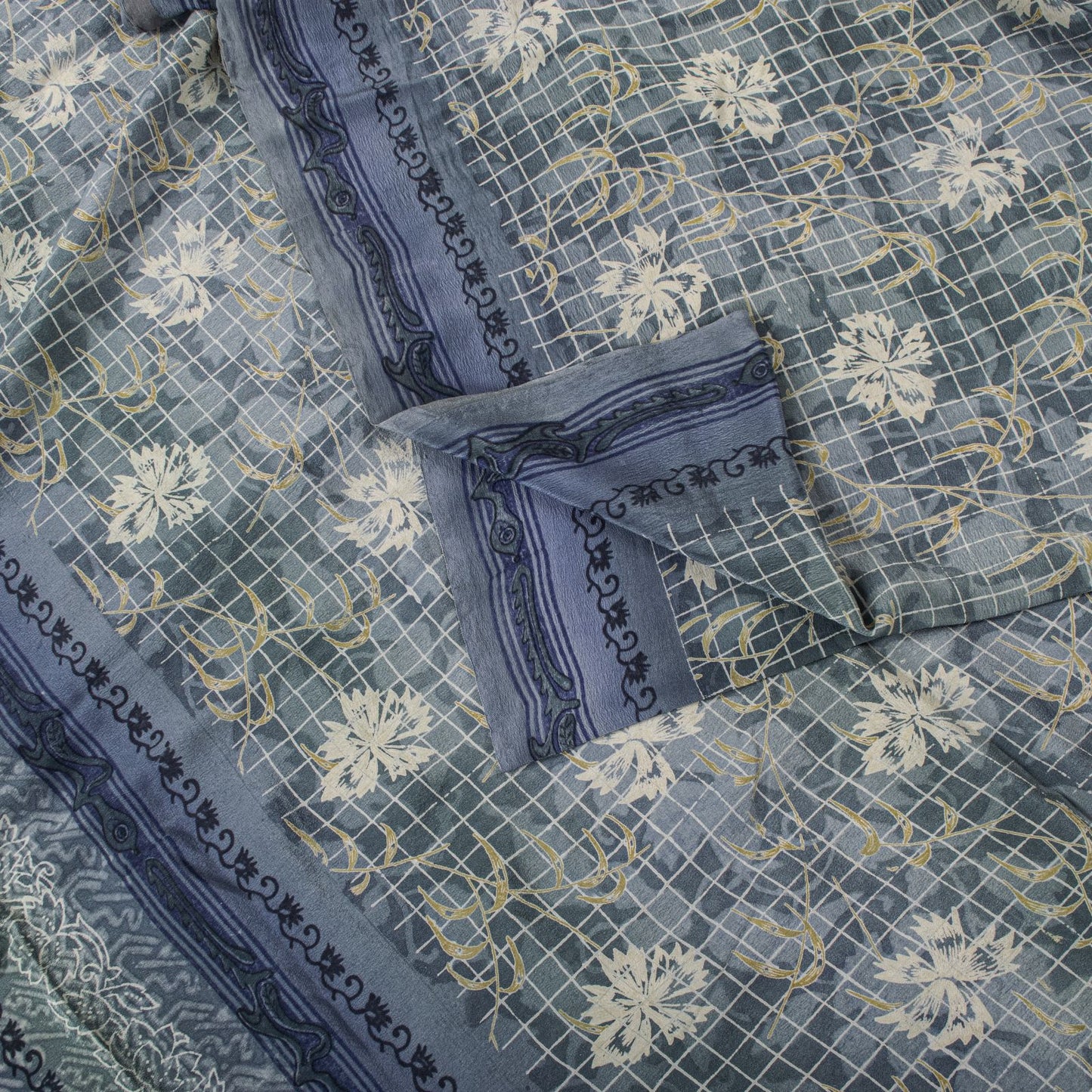 Sanskriti Vintage Gray Pure Crepe Silk Saree Floral Geometric Print Sari 5Yard