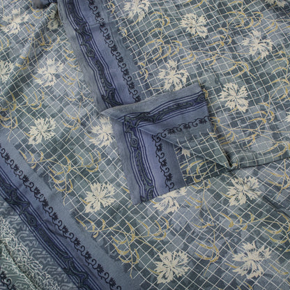Sanskriti Vintage Gray Pure Crepe Silk Saree Floral Geometric Print Sari 5Yard