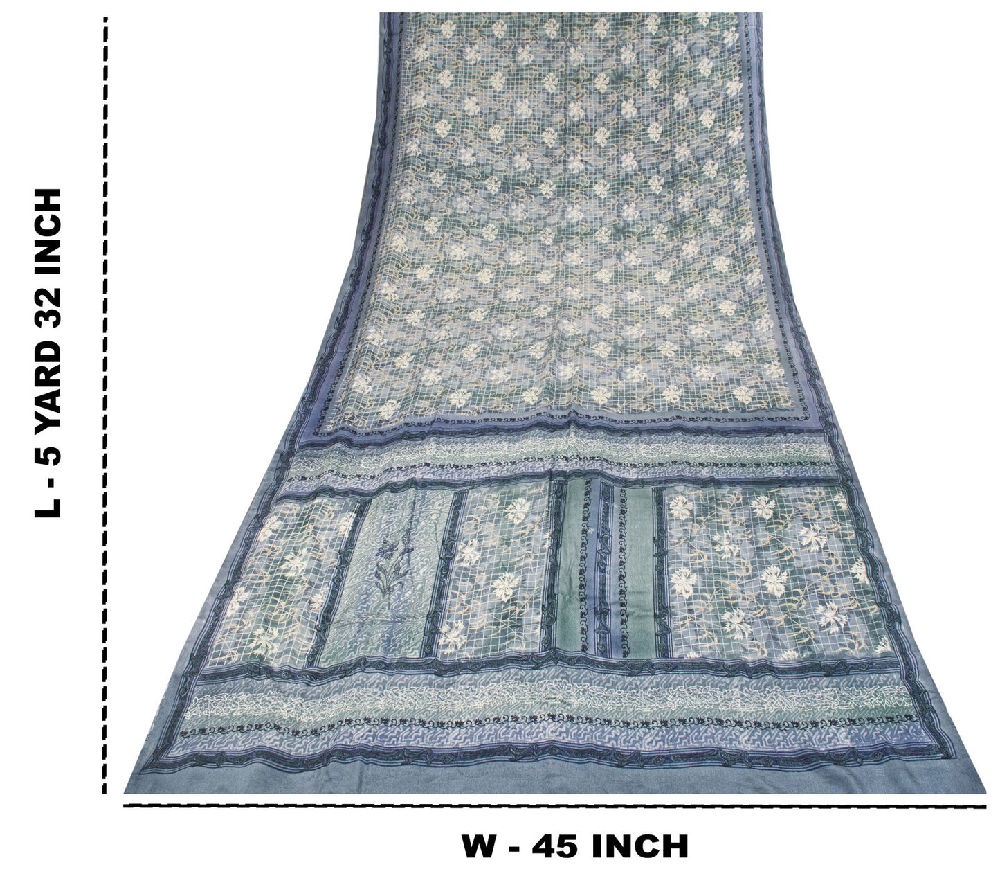 Sanskriti Vintage Gray Pure Crepe Silk Saree Floral Geometric Print Sari 5Yard