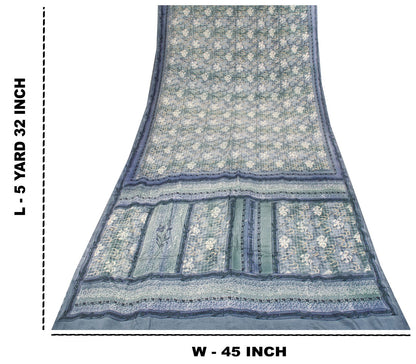 Sanskriti Vintage Gray Pure Crepe Silk Saree Floral Geometric Print Sari 5Yard