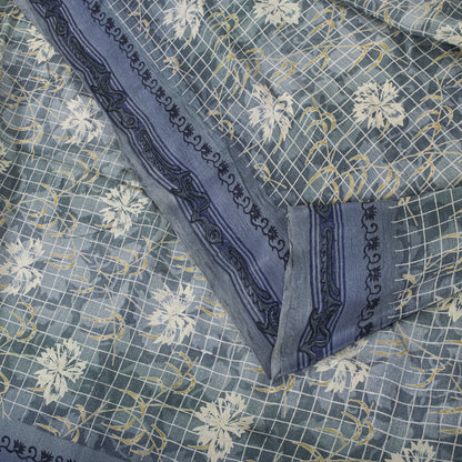 Sanskriti Vintage Gray Pure Crepe Silk Saree Floral Geometric Print Sari 5Yard