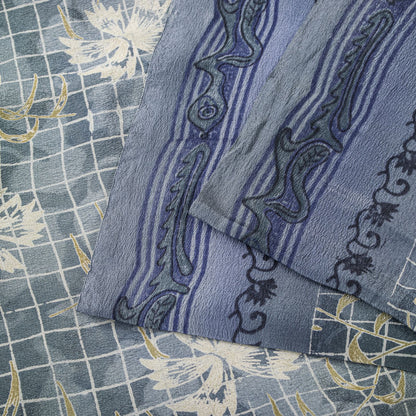 Sanskriti Vintage Gray Pure Crepe Silk Saree Floral Geometric Print Sari 5Yard