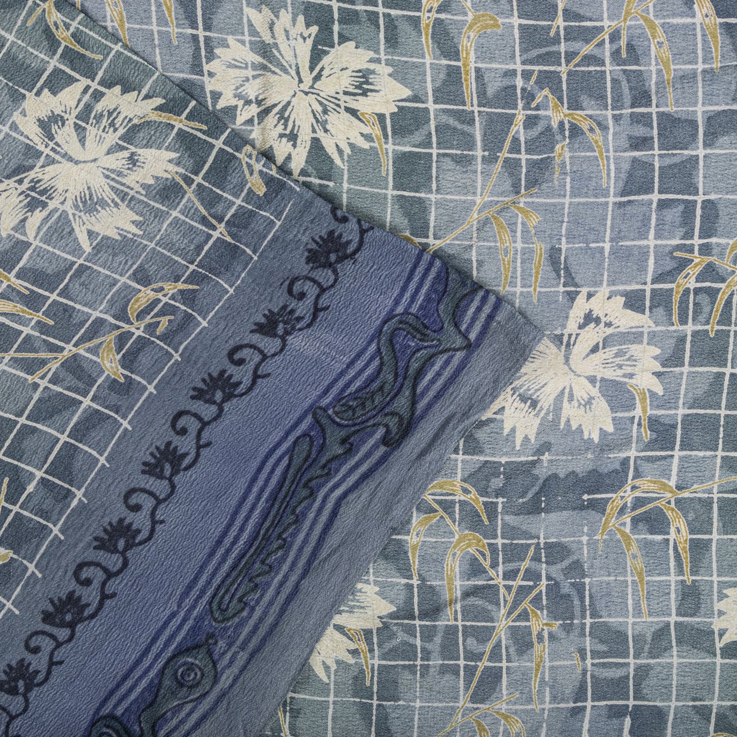 Sanskriti Vintage Gray Pure Crepe Silk Saree Floral Geometric Print Sari 5Yard