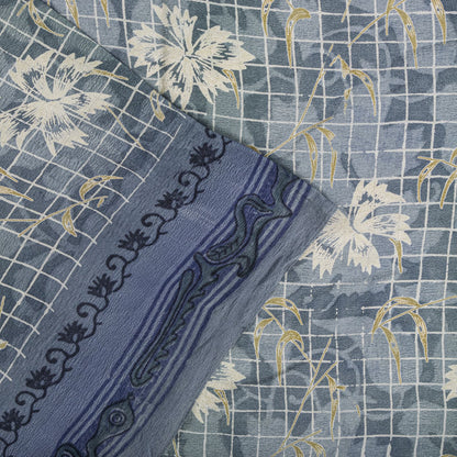 Sanskriti Vintage Gray Pure Crepe Silk Saree Floral Geometric Print Sari 5Yard