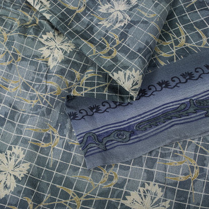 Sanskriti Vintage Gray Pure Crepe Silk Saree Floral Geometric Print Sari 5Yard