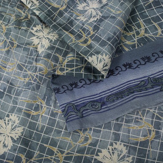 Sanskriti Vintage Gray Pure Crepe Silk Saree Floral Geometric Print Sari 5Yard