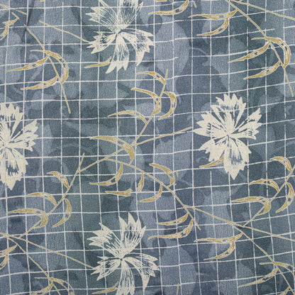 Sanskriti Vintage Gray Pure Crepe Silk Saree Floral Geometric Print Sari 5Yard