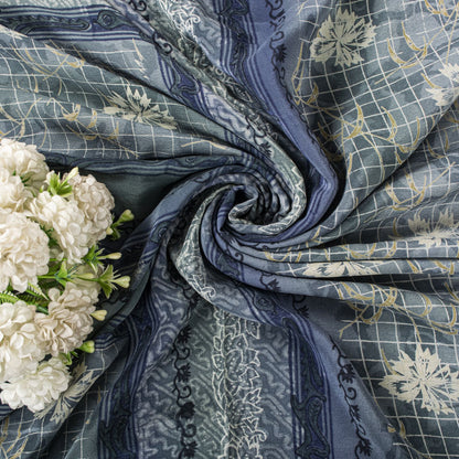Sanskriti Vintage Gray Pure Crepe Silk Saree Floral Geometric Print Sari 5Yard