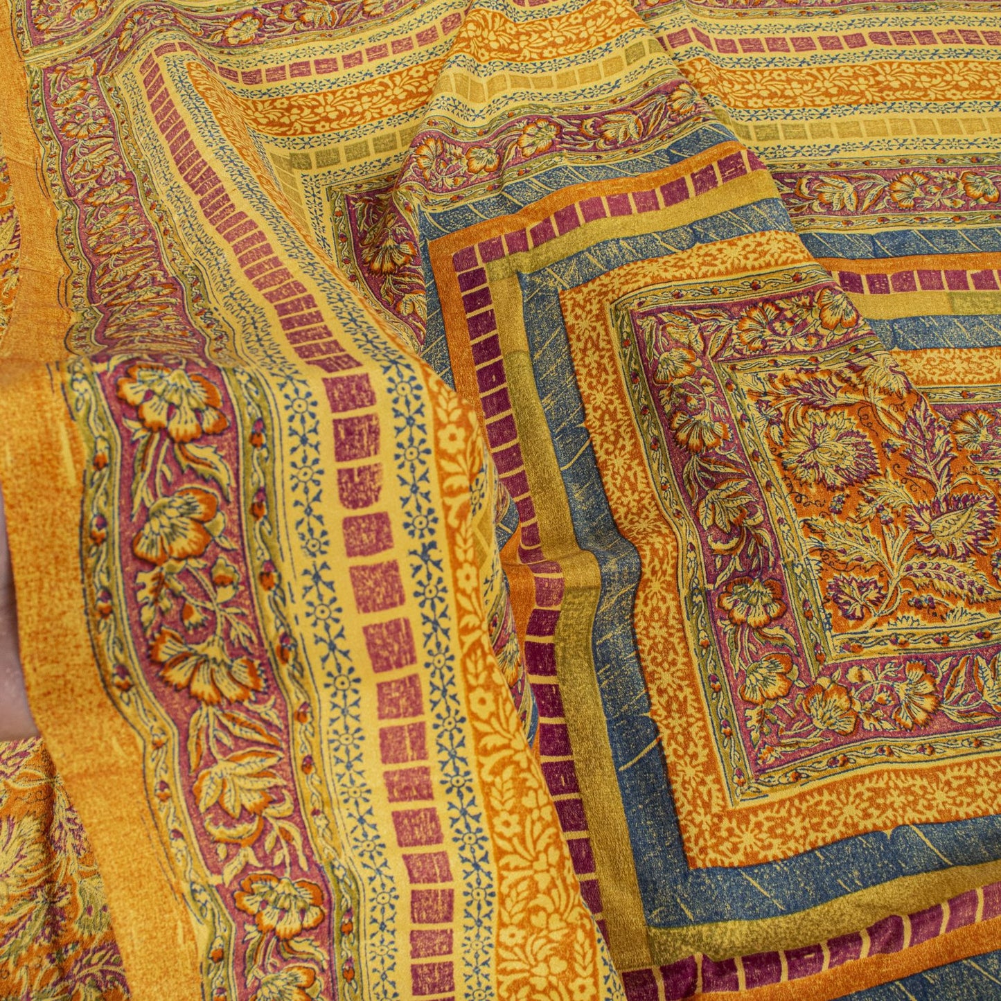 Sanskriti Vintage Orange Pure Crepe Silk Saree Floral Printed Sari 5.5 Craft DIY