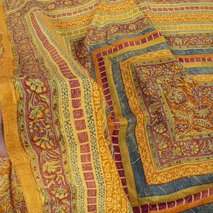 Sanskriti Vintage Orange Pure Crepe Silk Saree Floral Printed Sari 5.5 Craft DIY
