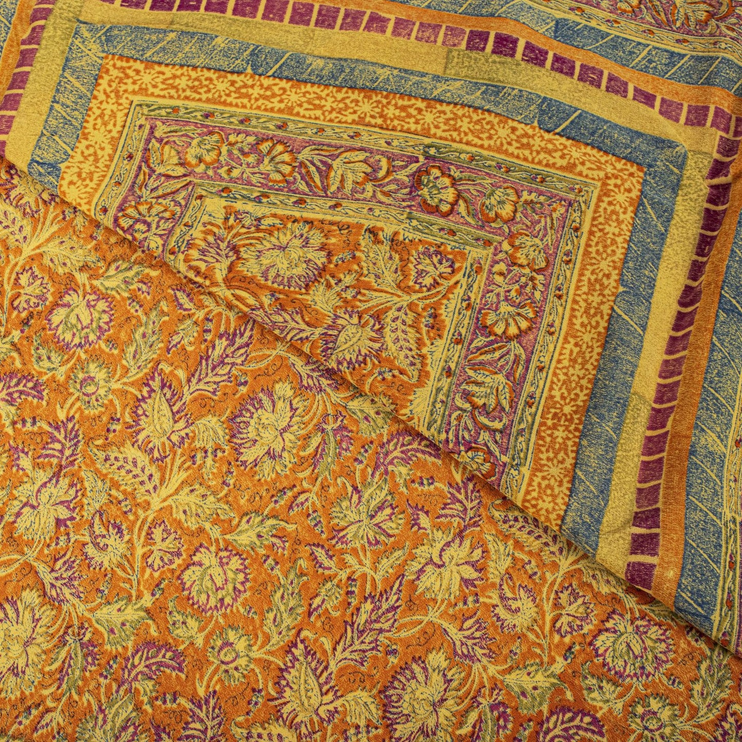 Sanskriti Vintage Orange Pure Crepe Silk Saree Floral Printed Sari 5.5 Craft DIY
