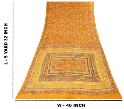 Sanskriti Vintage Orange Pure Crepe Silk Saree Floral Printed Sari 5.5 Craft DIY