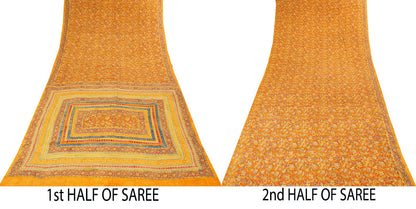 Sanskriti Vintage Orange Pure Crepe Silk Saree Floral Printed Sari 5.5 Craft DIY