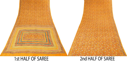 Sanskriti Vintage Orange Pure Crepe Silk Saree Floral Printed Sari 5.5 Craft DIY