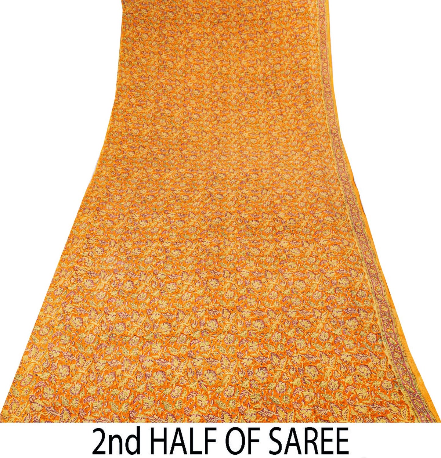 Sanskriti Vintage Orange Pure Crepe Silk Saree Floral Printed Sari 5.5 Craft DIY