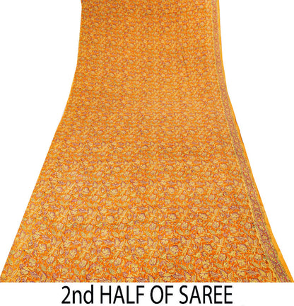 Sanskriti Vintage Orange Pure Crepe Silk Saree Floral Printed Sari 5.5 Craft DIY