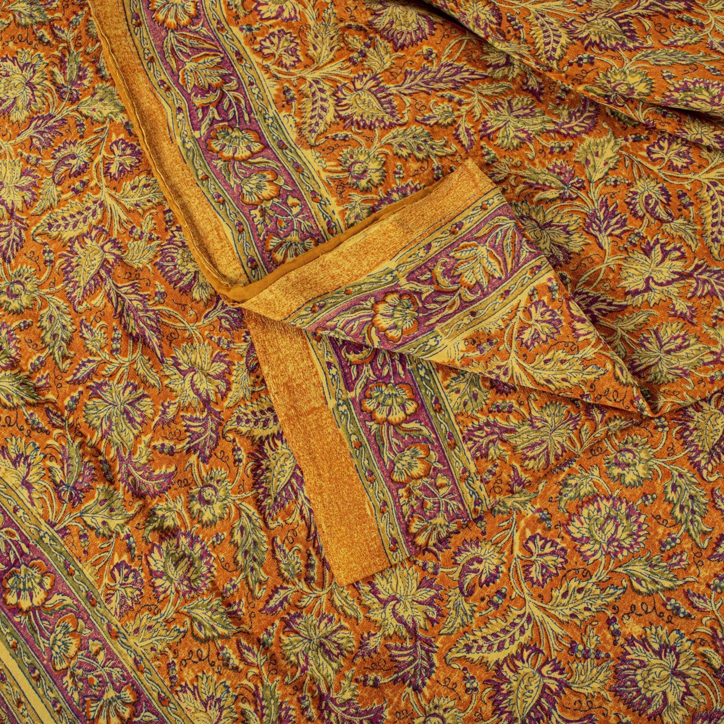 Sanskriti Vintage Orange Pure Crepe Silk Saree Floral Printed Sari 5.5 Craft DIY