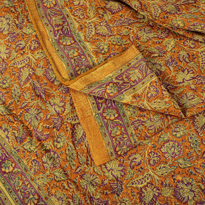 Sanskriti Vintage Orange Pure Crepe Silk Saree Floral Printed Sari 5.5 Craft DIY