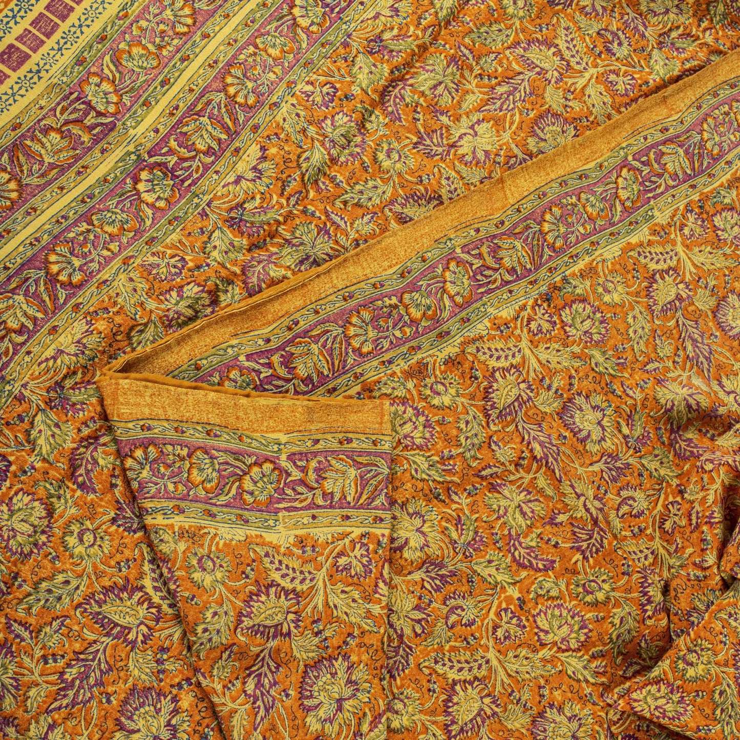Sanskriti Vintage Orange Pure Crepe Silk Saree Floral Printed Sari 5.5 Craft DIY