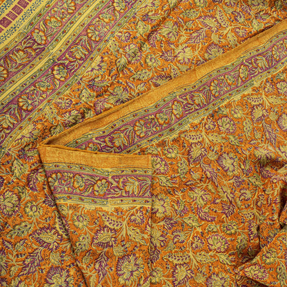 Sanskriti Vintage Orange Pure Crepe Silk Saree Floral Printed Sari 5.5 Craft DIY