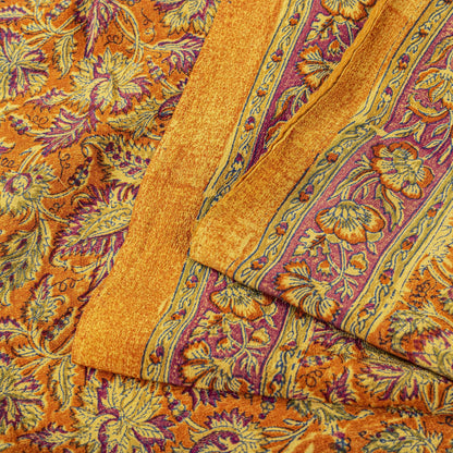 Sanskriti Vintage Orange Pure Crepe Silk Saree Floral Printed Sari 5.5 Craft DIY