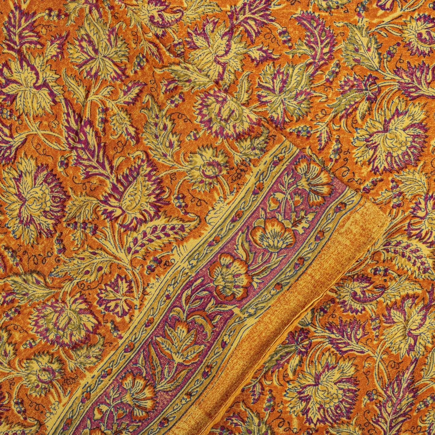 Sanskriti Vintage Orange Pure Crepe Silk Saree Floral Printed Sari 5.5 Craft DIY