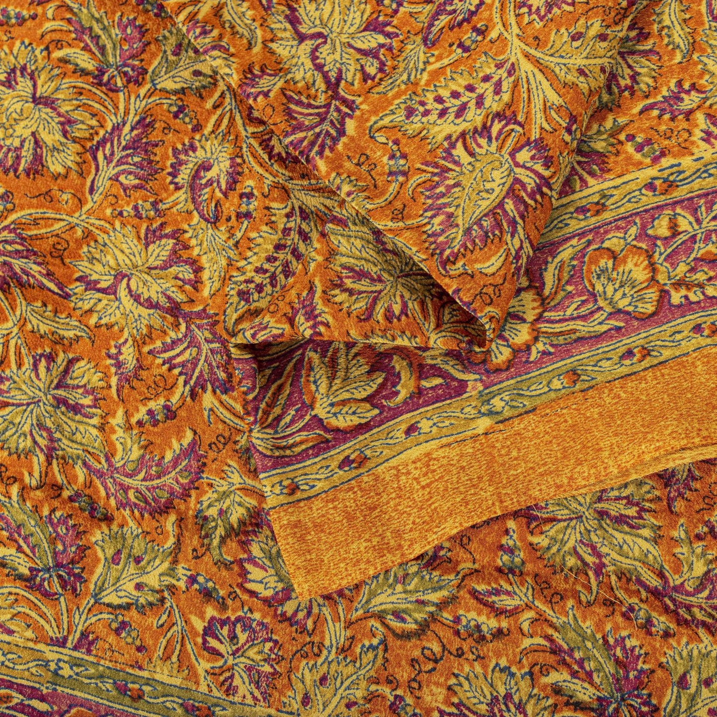 Sanskriti Vintage Orange Pure Crepe Silk Saree Floral Printed Sari 5.5 Craft DIY