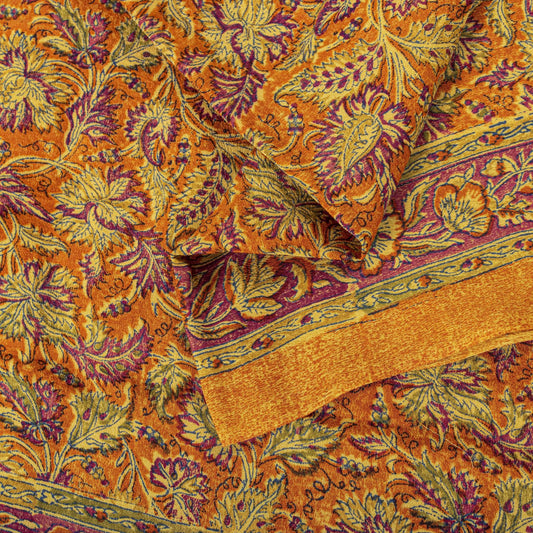 Sanskriti Vintage Orange Pure Crepe Silk Saree Floral Printed Sari 5.5 Craft DIY