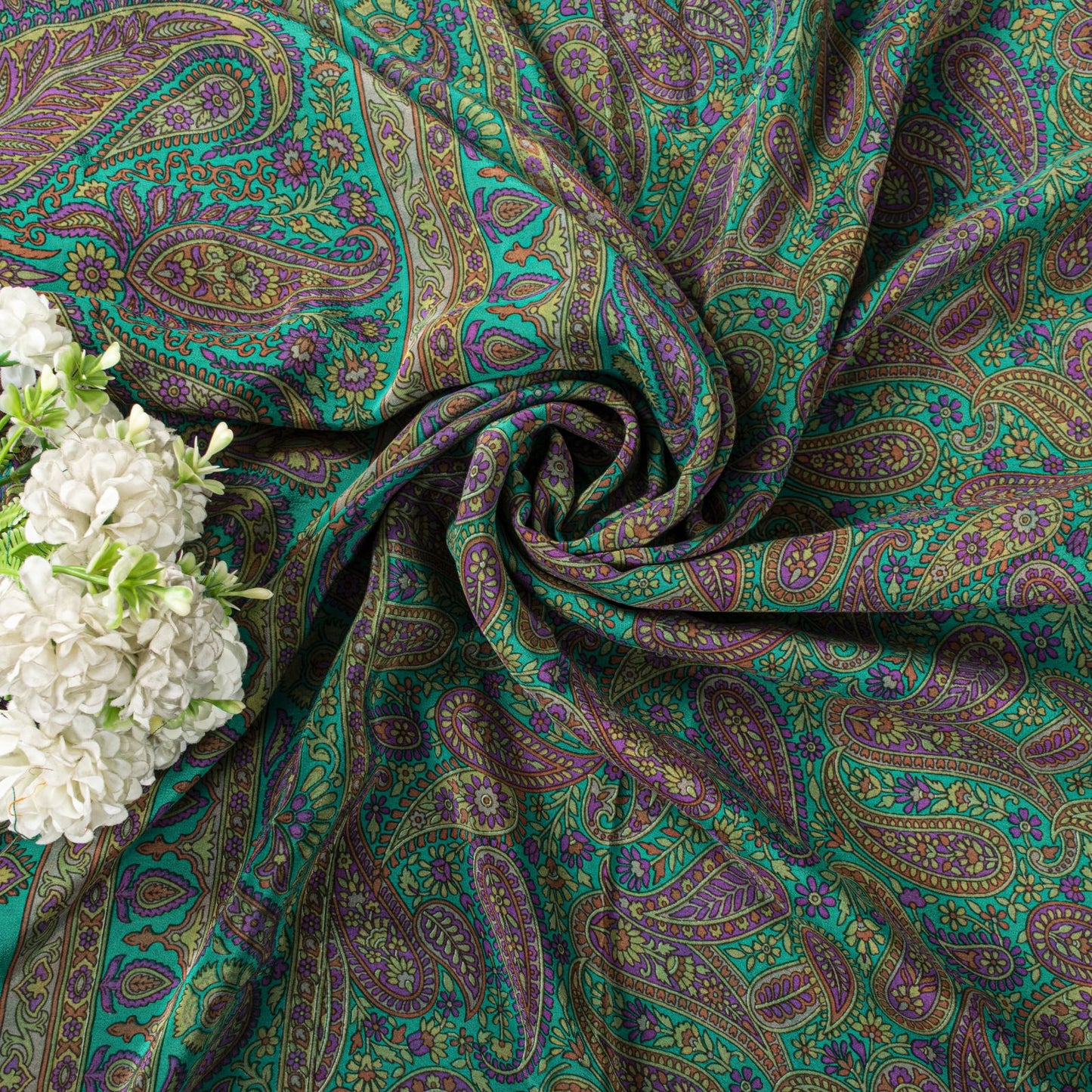 Sanskriti Vintage Green Pure Crepe Silk Saree Paisley Print Sari 5.5 yard Fabric