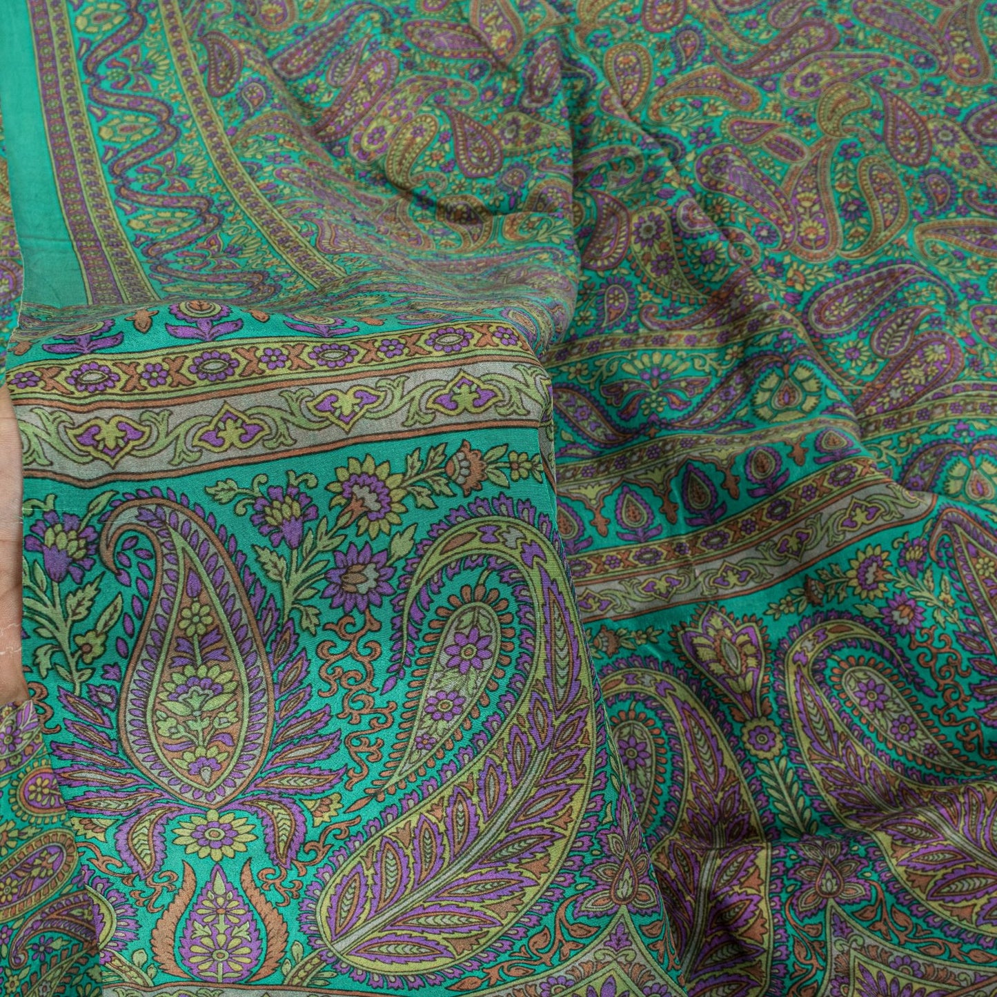 Sanskriti Vintage Green Pure Crepe Silk Saree Paisley Print Sari 5.5 yard Fabric