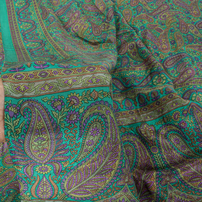 Sanskriti Vintage Green Pure Crepe Silk Saree Paisley Print Sari 5.5 yard Fabric