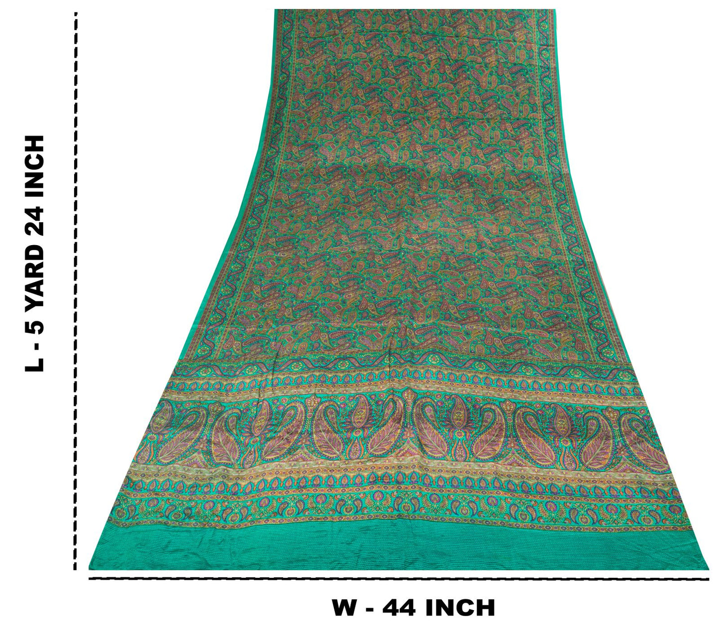 Sanskriti Vintage Green Pure Crepe Silk Saree Paisley Print Sari 5.5 yard Fabric