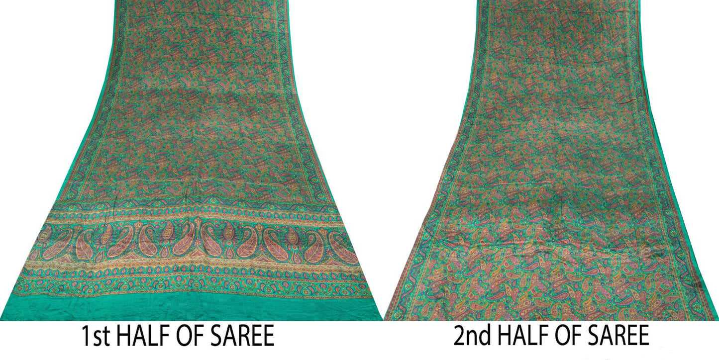 Sanskriti Vintage Green Pure Crepe Silk Saree Paisley Print Sari 5.5 yard Fabric