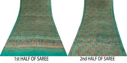 Sanskriti Vintage Green Pure Crepe Silk Saree Paisley Print Sari 5.5 yard Fabric