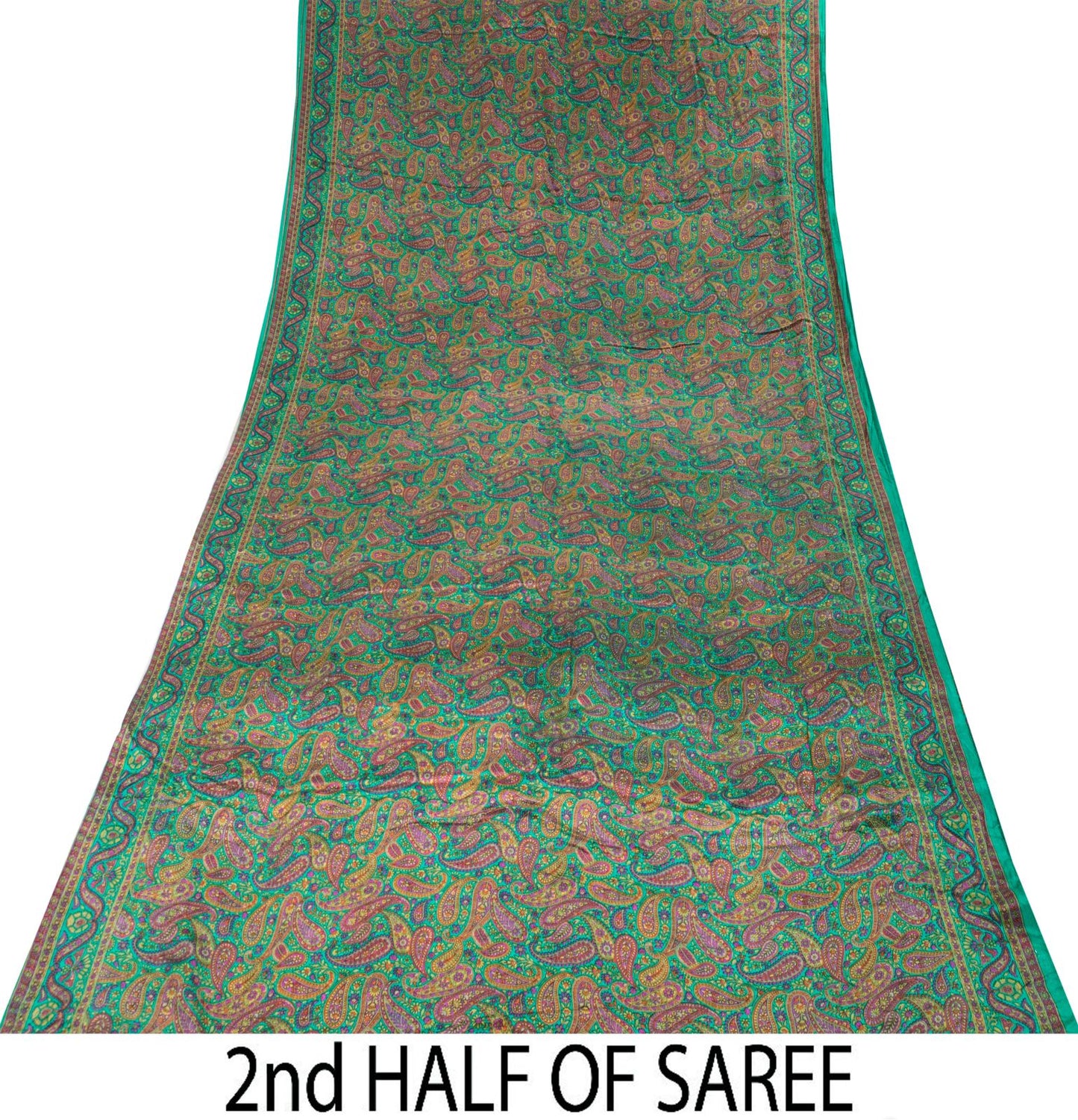 Sanskriti Vintage Green Pure Crepe Silk Saree Paisley Print Sari 5.5 yard Fabric
