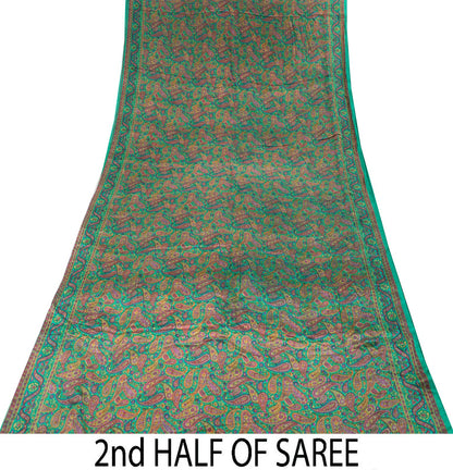 Sanskriti Vintage Green Pure Crepe Silk Saree Paisley Print Sari 5.5 yard Fabric