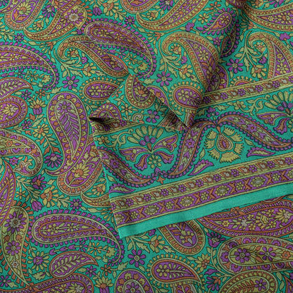 Sanskriti Vintage Green Pure Crepe Silk Saree Paisley Print Sari 5.5 yard Fabric