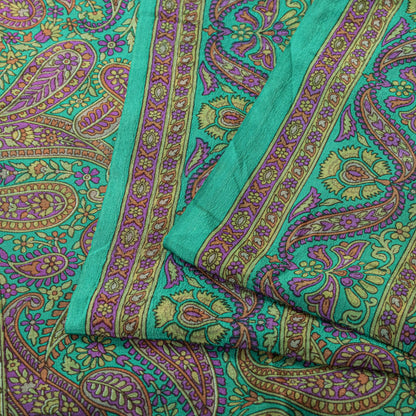 Sanskriti Vintage Green Pure Crepe Silk Saree Paisley Print Sari 5.5 yard Fabric