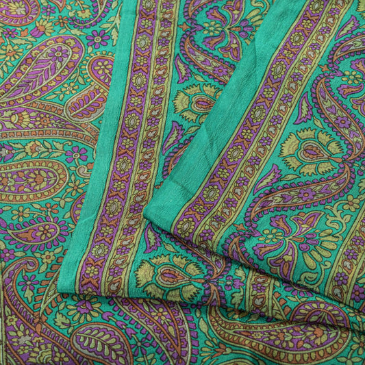 Sanskriti Vintage Green Pure Crepe Silk Saree Paisley Print Sari 5.5 yard Fabric