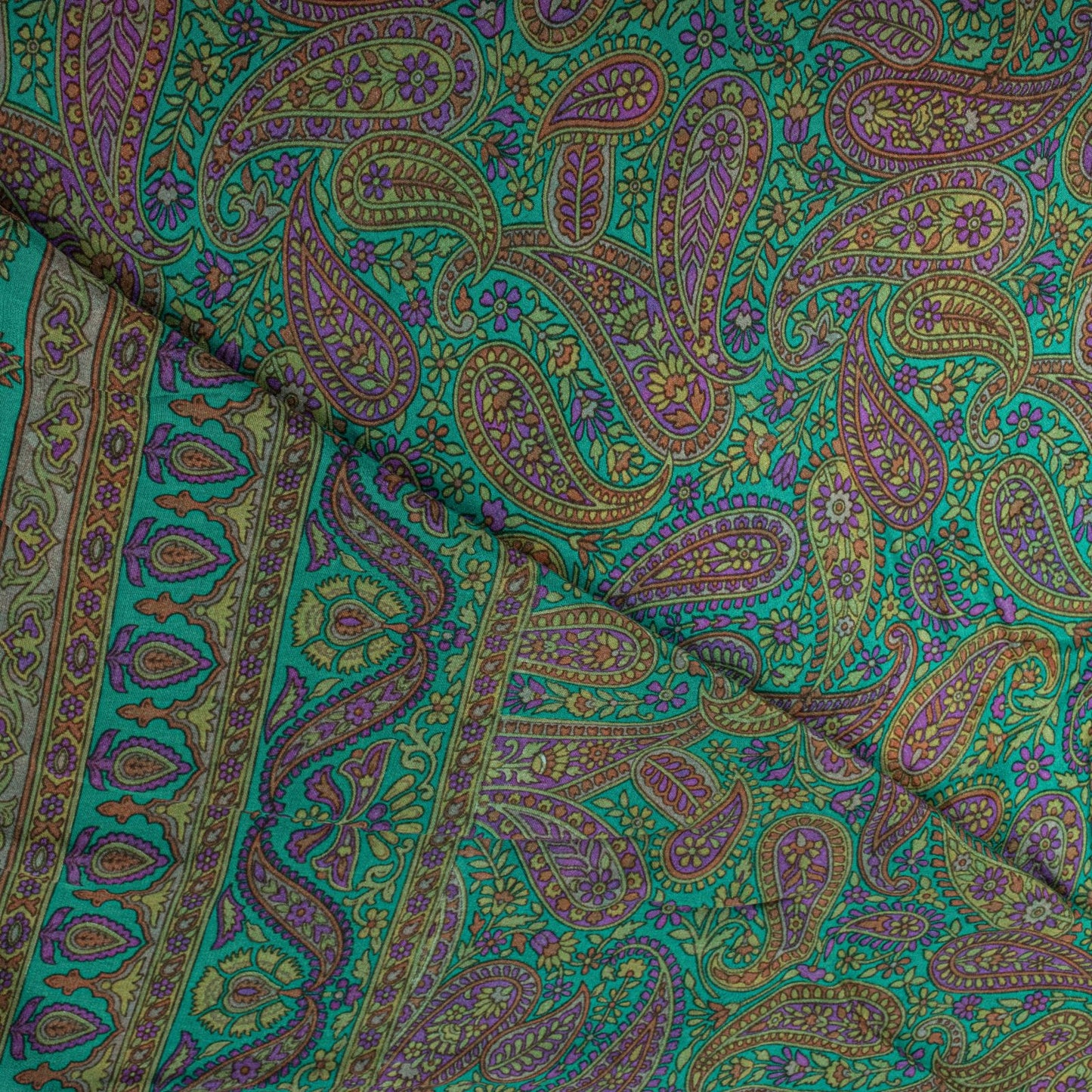 Sanskriti Vintage Green Pure Crepe Silk Saree Paisley Print Sari 5.5 yard Fabric
