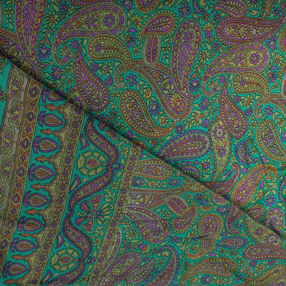 Sanskriti Vintage Green Pure Crepe Silk Saree Paisley Print Sari 5.5 yard Fabric